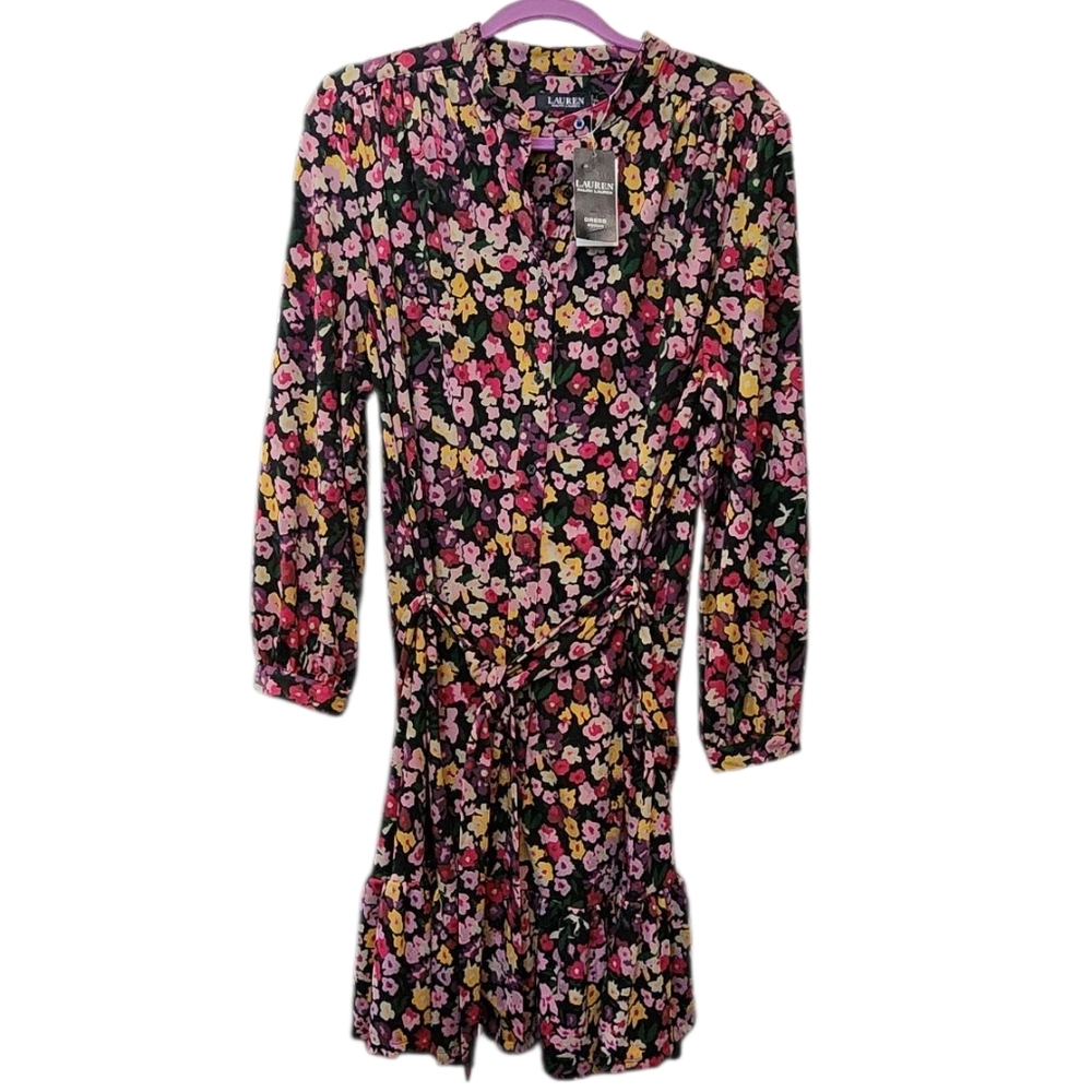 Lauren Ralph Lauren Black Floral Midi Dress with Pink & Yellow Blooms